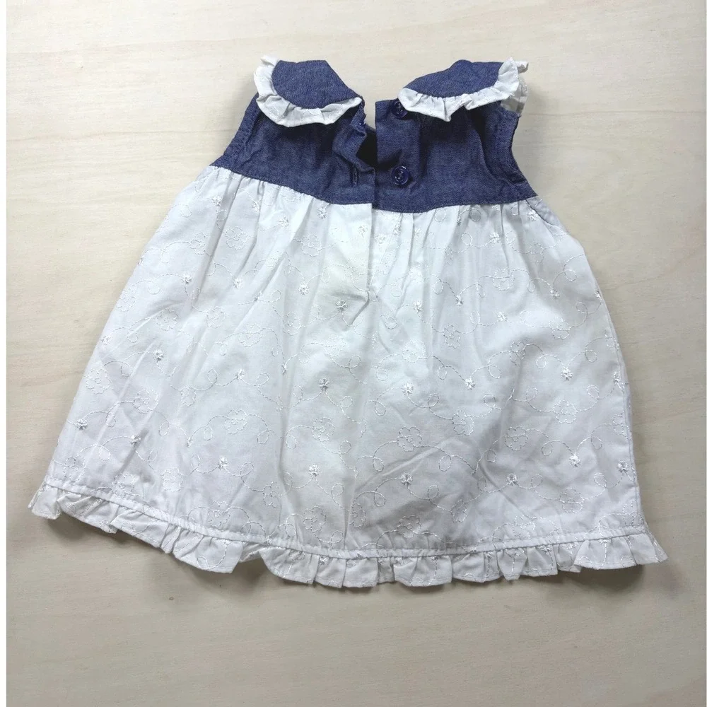 Kidgets Baby Girl Cherry Denim Eyelet Dress White Blue 0-3 Months